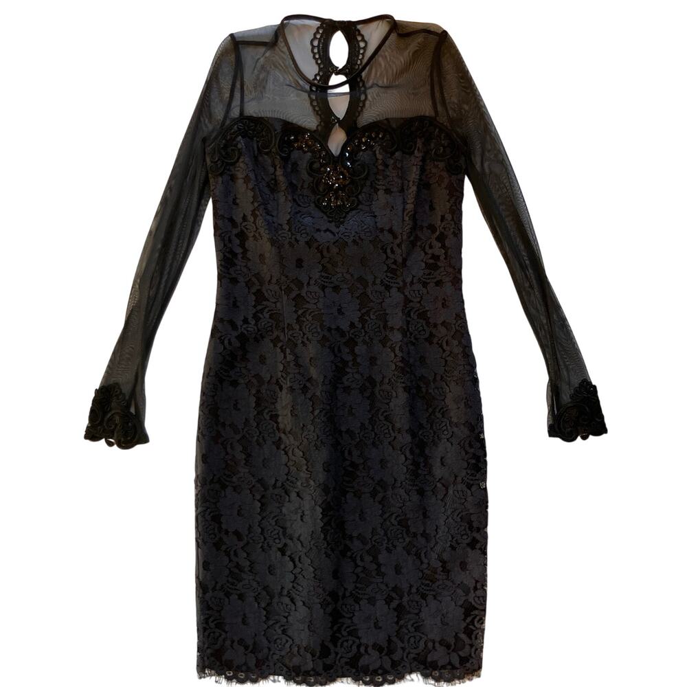 Scott McClintock Vintage Lace Evening Dress 10 Black Sheer Sleeves Goth Formal